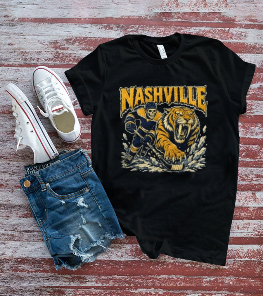 Nashville Hockey Skeleton Player With Fierce Tiger T-Shirt