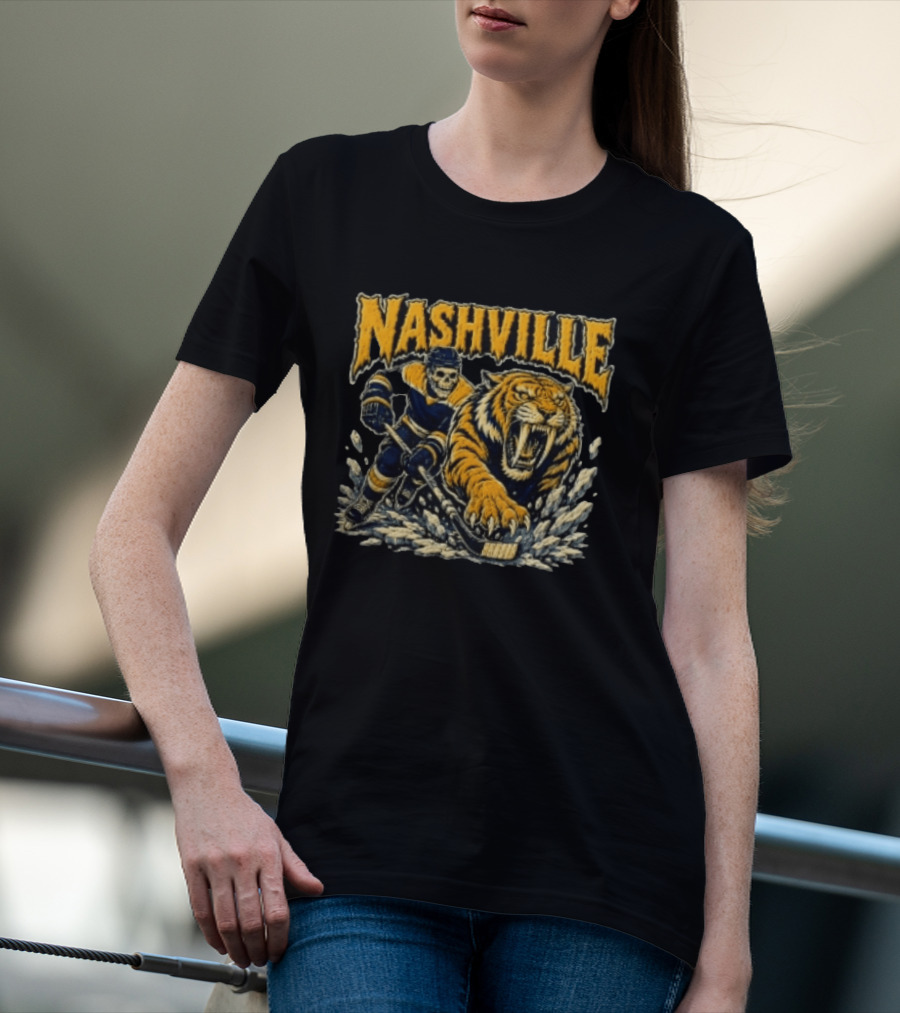 Nashville Hockey Skeleton Player With Fierce Tiger T-Shirt