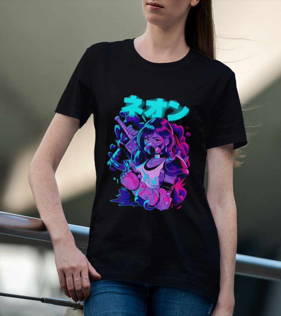 Neon Cyberpunk Anime Warrior Girl Futuristic Vaporwave Aesthetic T-Shirt