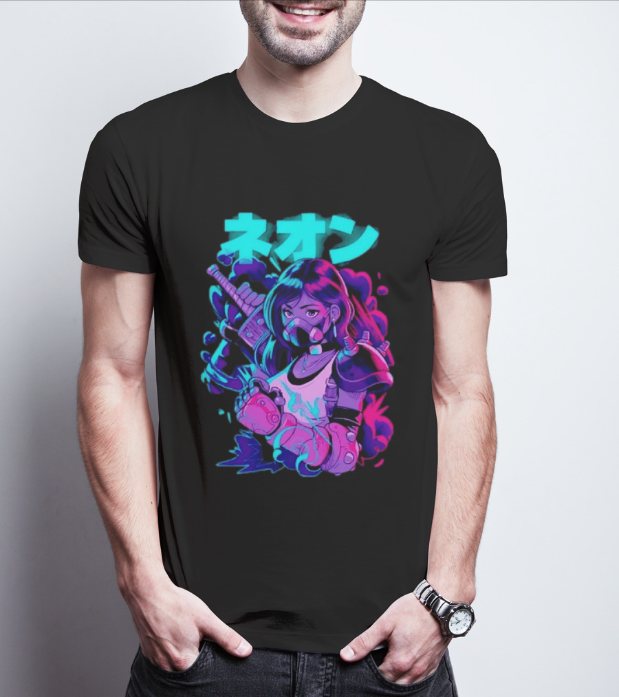 Neon Cyberpunk Anime Warrior Girl Futuristic Vaporwave Aesthetic T-Shirt