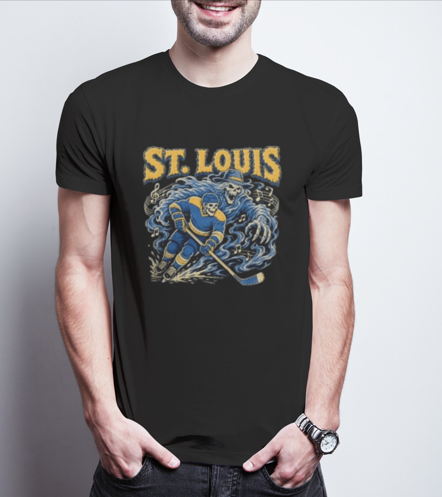 St. Louis Blues Hockey Skeleton Player With Music Notes And Ghostly Figure T-Shirt