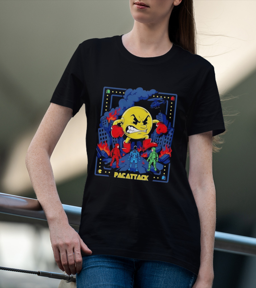 Pac Attack City Destruction Video Game Icon Battle Scene T-Shirt