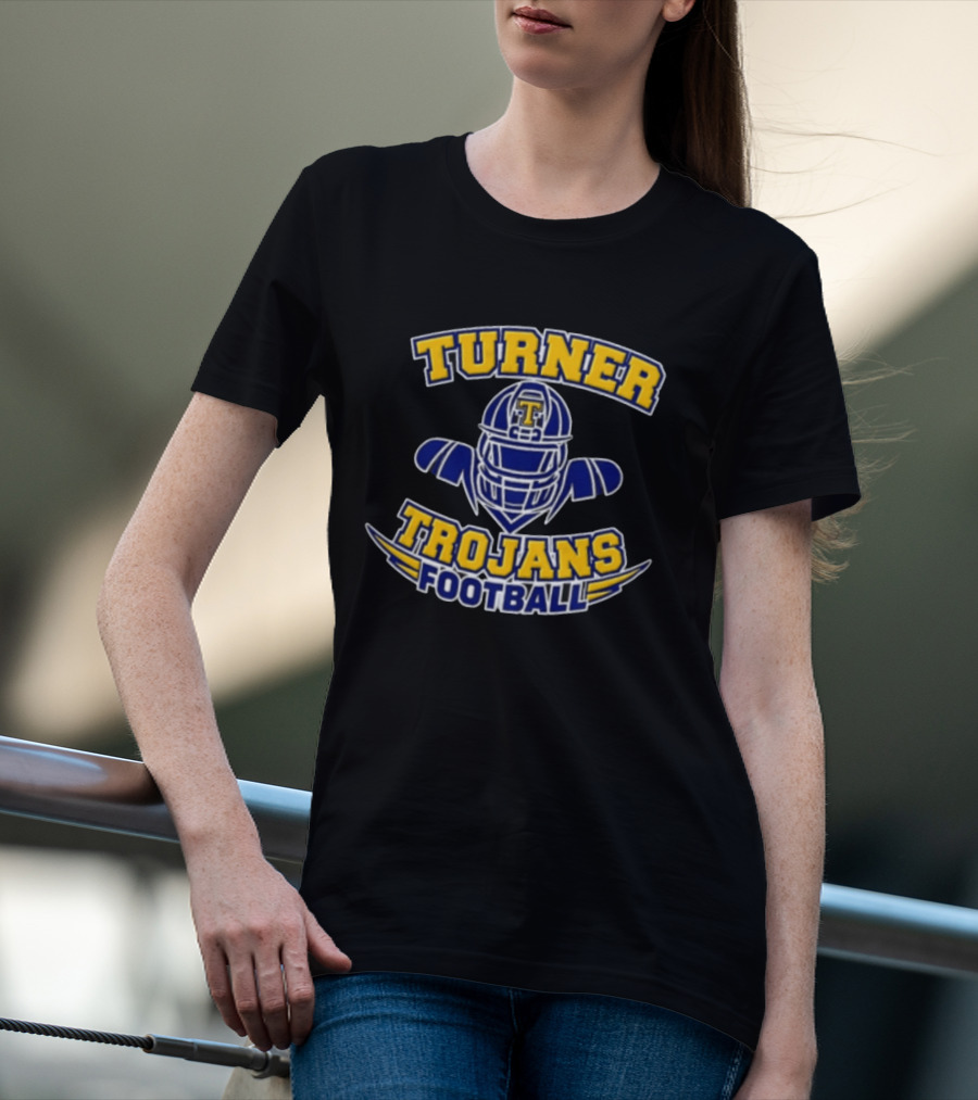 Turner Trojans Football Yellow Navy Helmet Shoulder Pads Gridiron T-Shirt