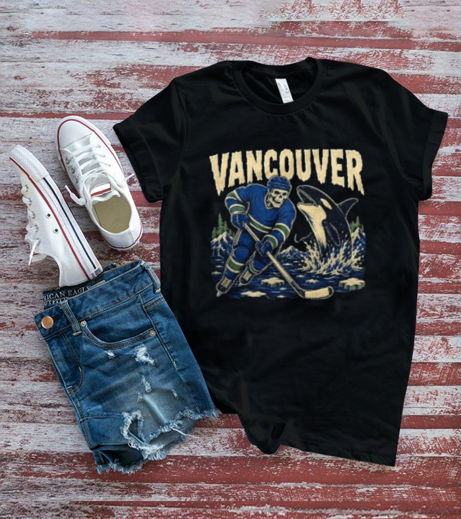 Vancouver Canucks Hockey Skeleton Player With Orca T-Shirt