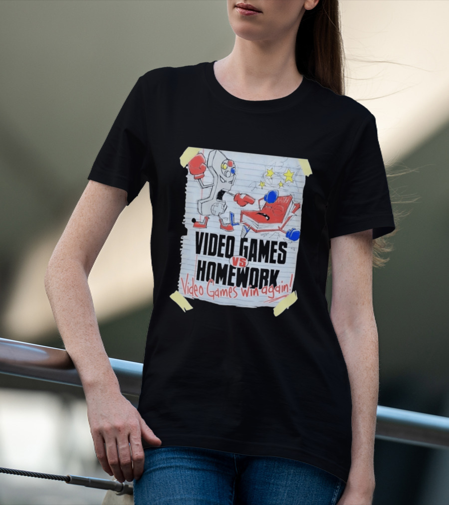 Video Games Vs Homework Video Games Win Again Math Battle Sketch T-Shirt