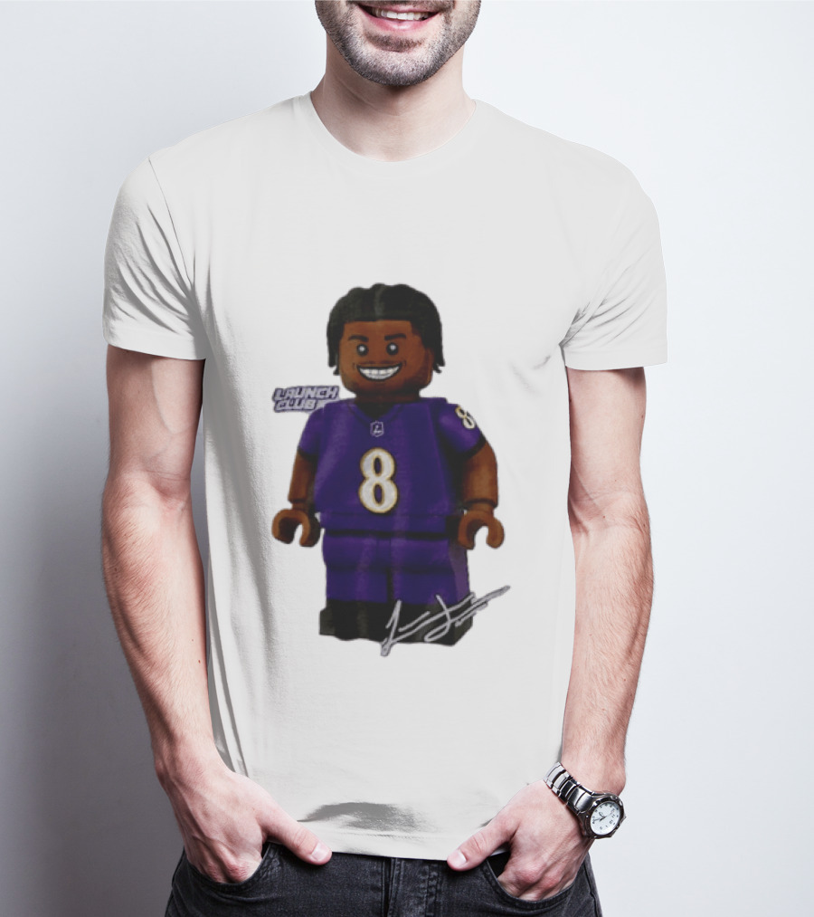 Baltimore Ravens Lamar Jackson Lego Minifigure Purple Jersey Number 8 T-Shirt