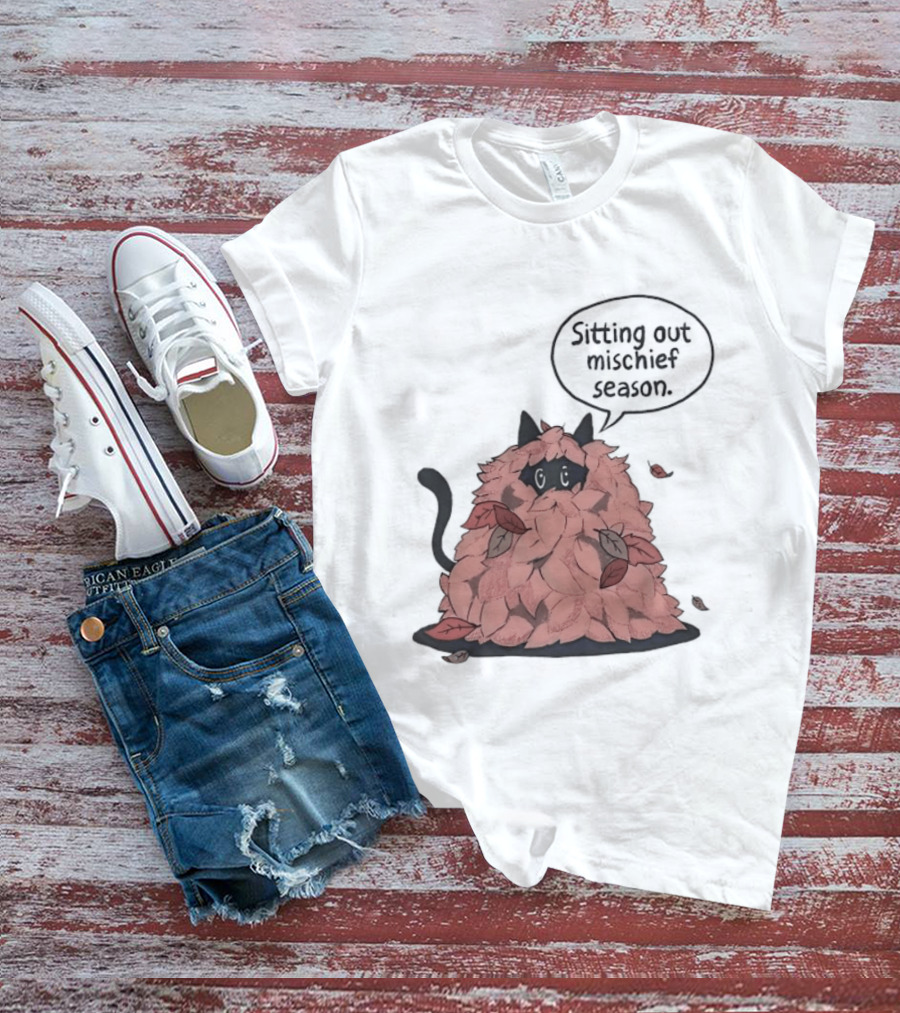 Sitting Out Mischief Season Cat Autumn Leaves T-Shirt
