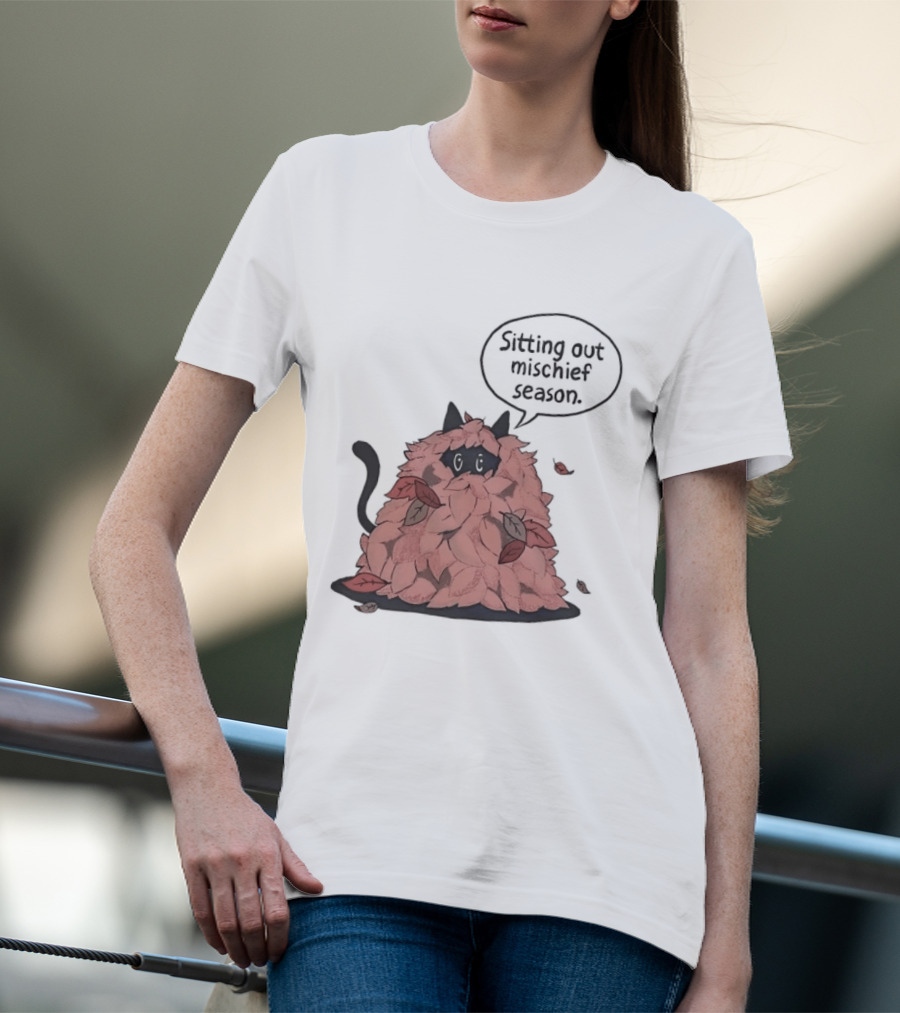 Sitting Out Mischief Season Cat Autumn Leaves T-Shirt
