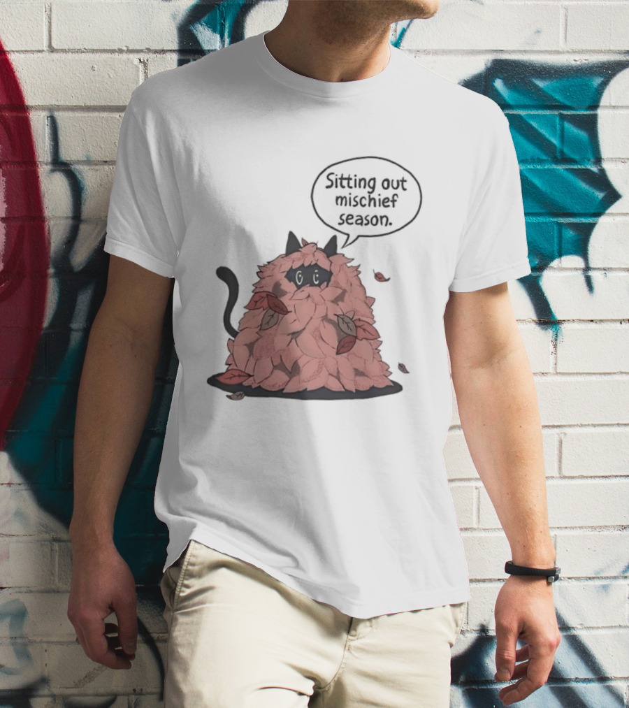 Sitting Out Mischief Season Cat Autumn Leaves T-Shirt