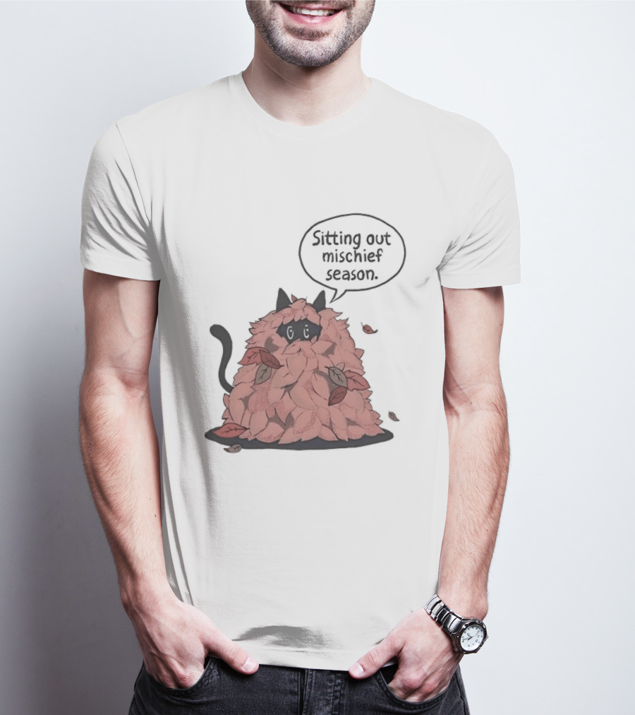 Sitting Out Mischief Season Cat Autumn Leaves T-Shirt