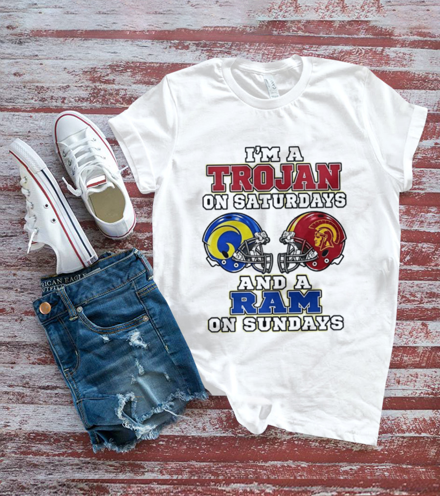 Trojan On Saturdays USC And Ram On Sundays Football Fan Helmet T-Shirt
