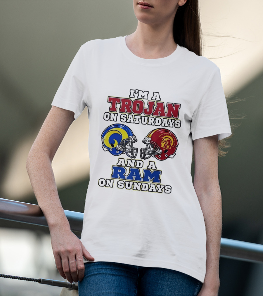 Trojan On Saturdays USC And Ram On Sundays Football Fan Helmet T-Shirt