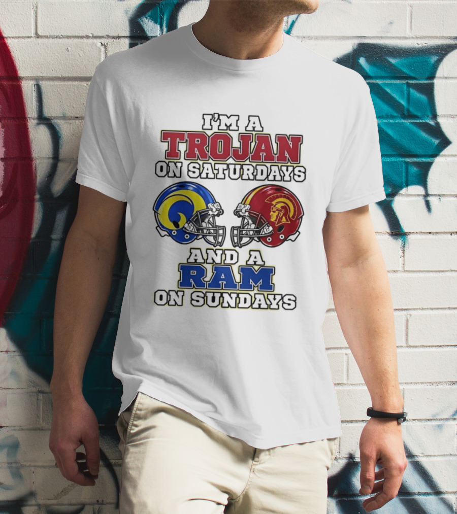 Trojan On Saturdays USC And Ram On Sundays Football Fan Helmet T-Shirt