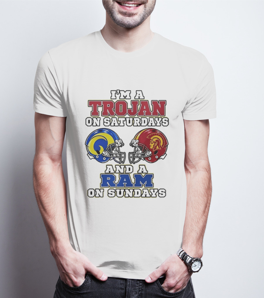 Trojan On Saturdays USC And Ram On Sundays Football Fan Helmet T-Shirt