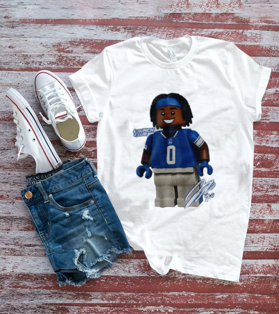 Detroit Lions Jahmyr Gibbs Lego Minifigure Launch Club Football Player T-Shirt