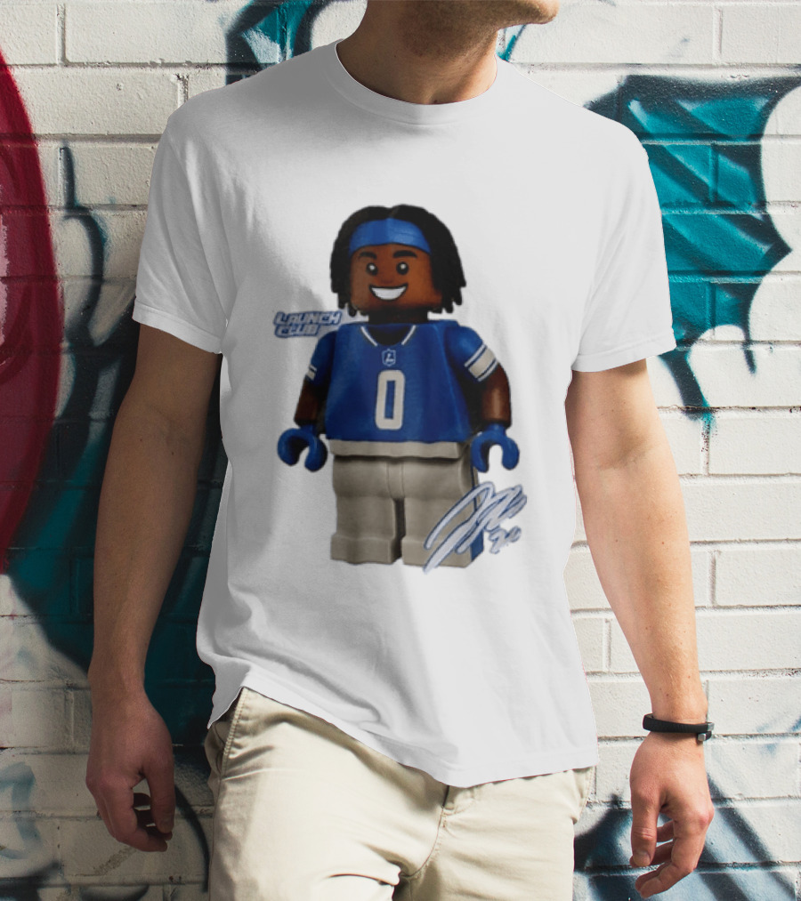 Detroit Lions Jahmyr Gibbs Lego Minifigure Launch Club Football Player T-Shirt