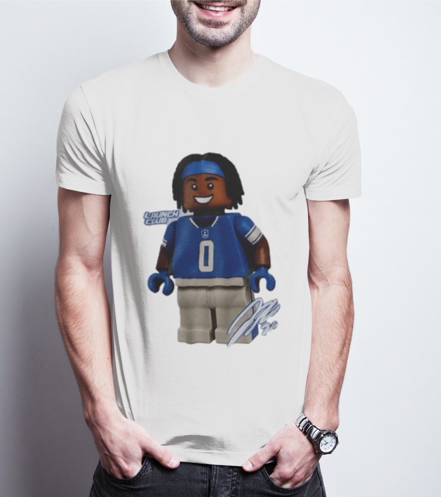 Detroit Lions Jahmyr Gibbs Lego Minifigure Launch Club Football Player T-Shirt