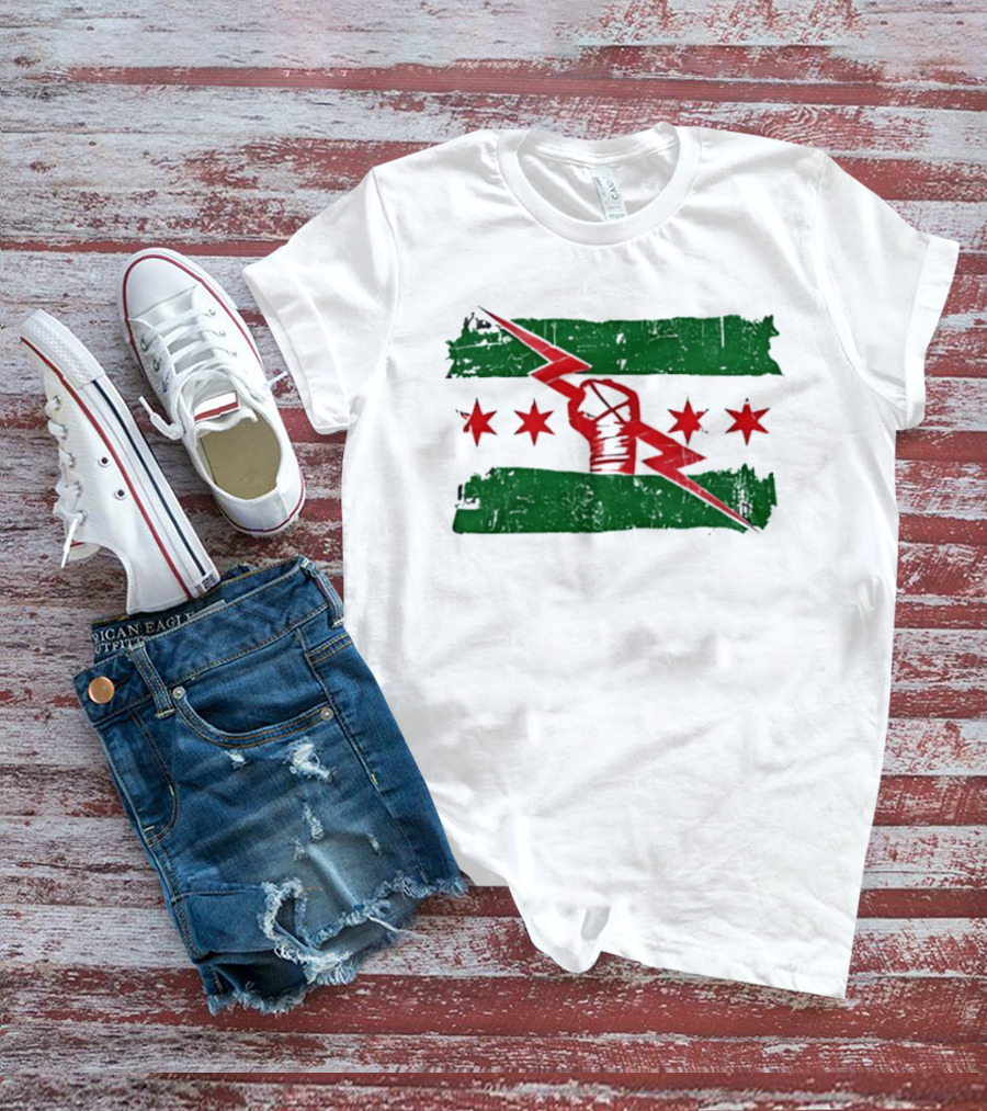 Chicago Flag Symbol Red Fist Lightning Bolt Green Distressed T-Shirt