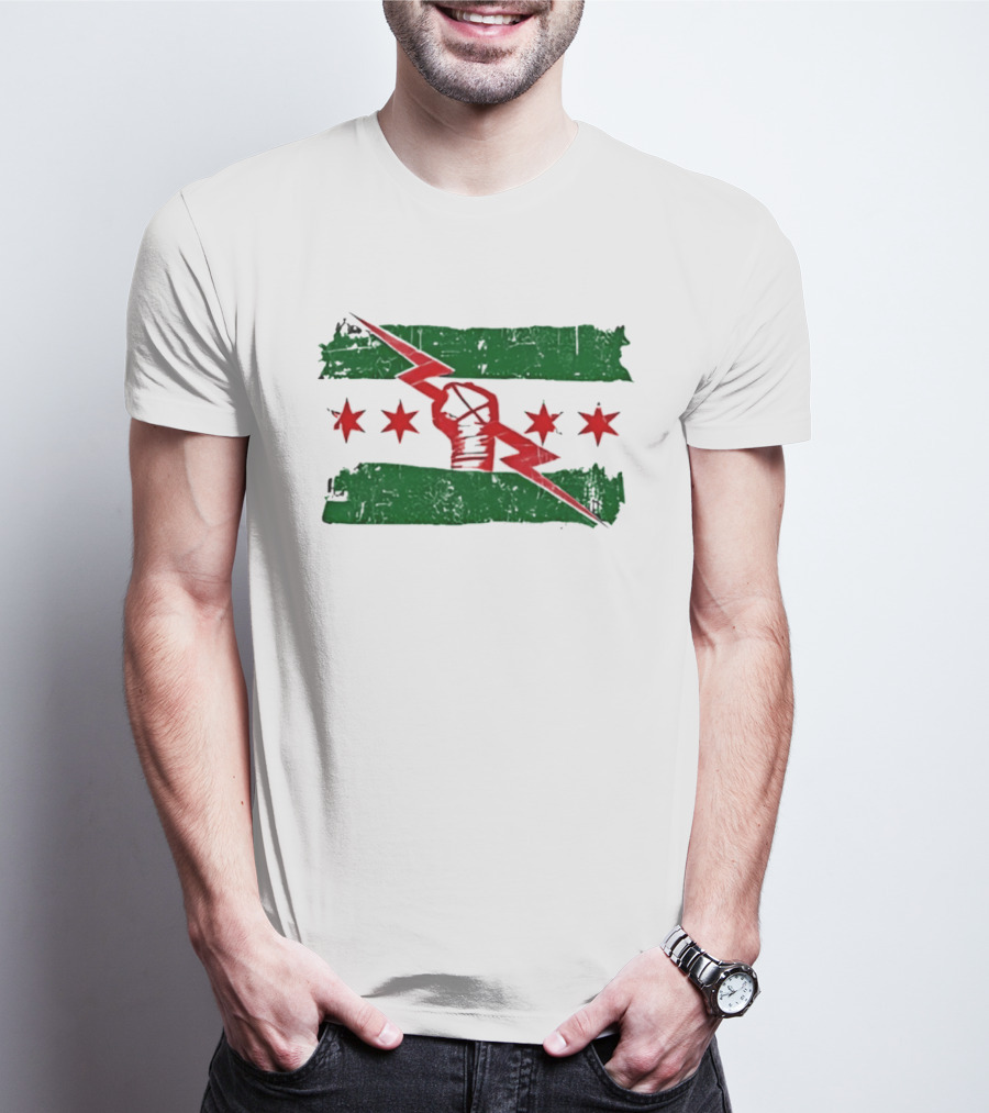 Chicago Flag Symbol Red Fist Lightning Bolt Green Distressed T-Shirt
