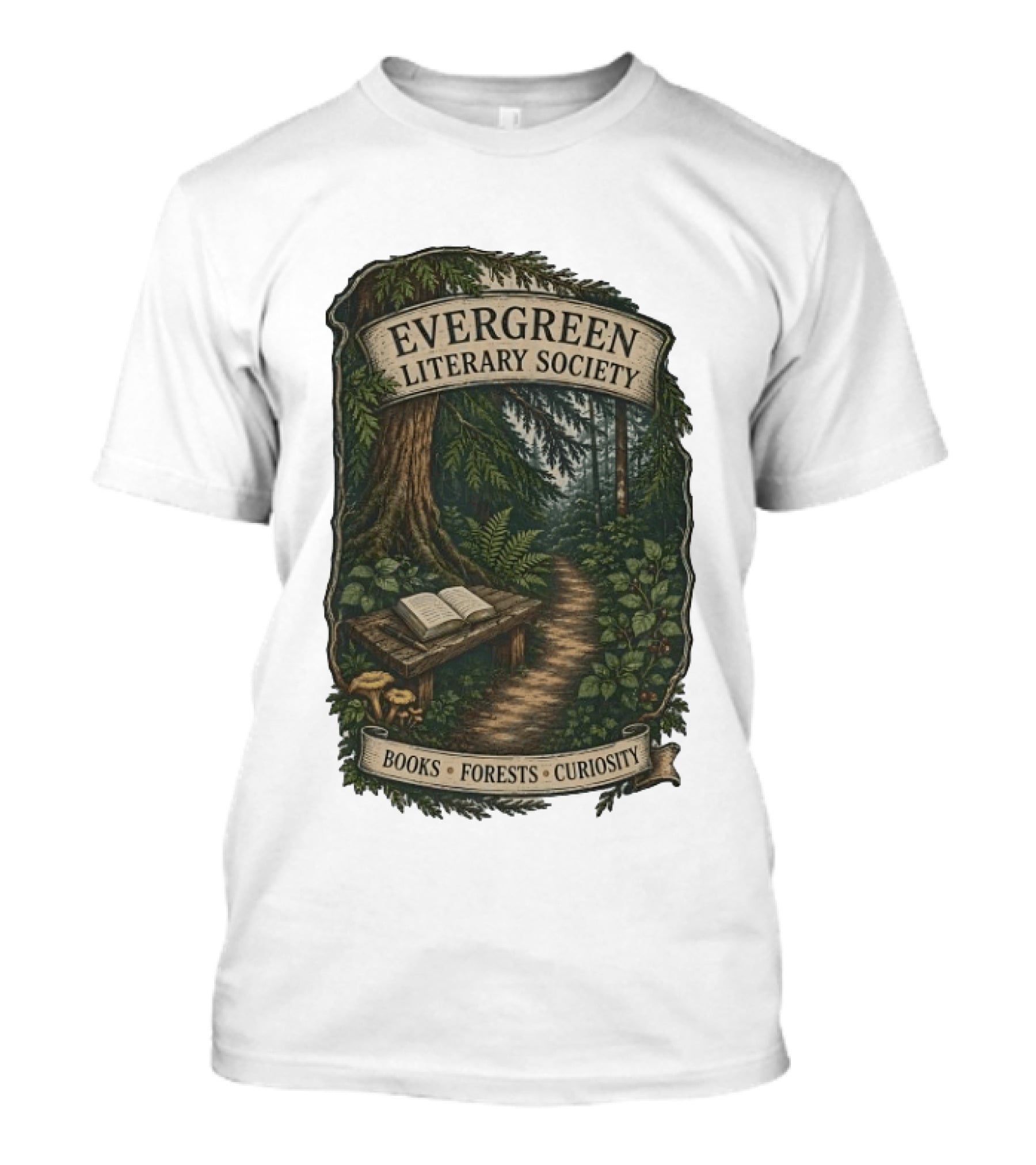 Evergreen Literary Society Books Forests Curiosity Pathway Through Trees T-Shirt