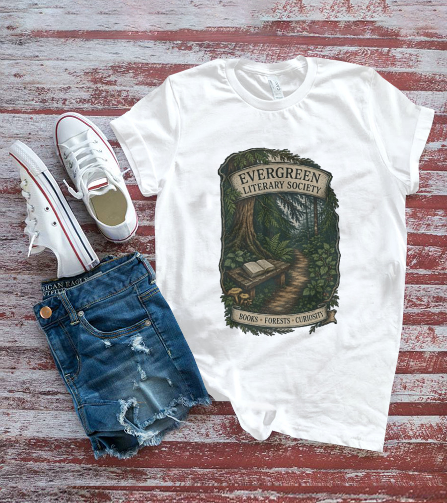 Evergreen Literary Society Books Forests Curiosity Pathway Through Trees T-Shirt