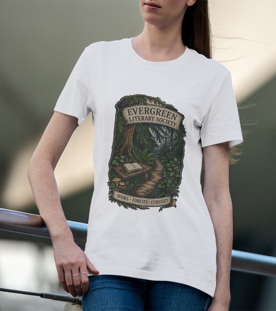 Evergreen Literary Society Books Forests Curiosity Pathway Through Trees T-Shirt