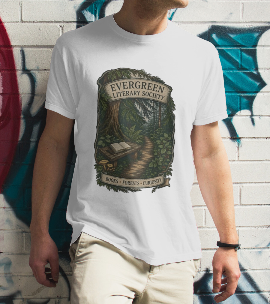 Evergreen Literary Society Books Forests Curiosity Pathway Through Trees T-Shirt