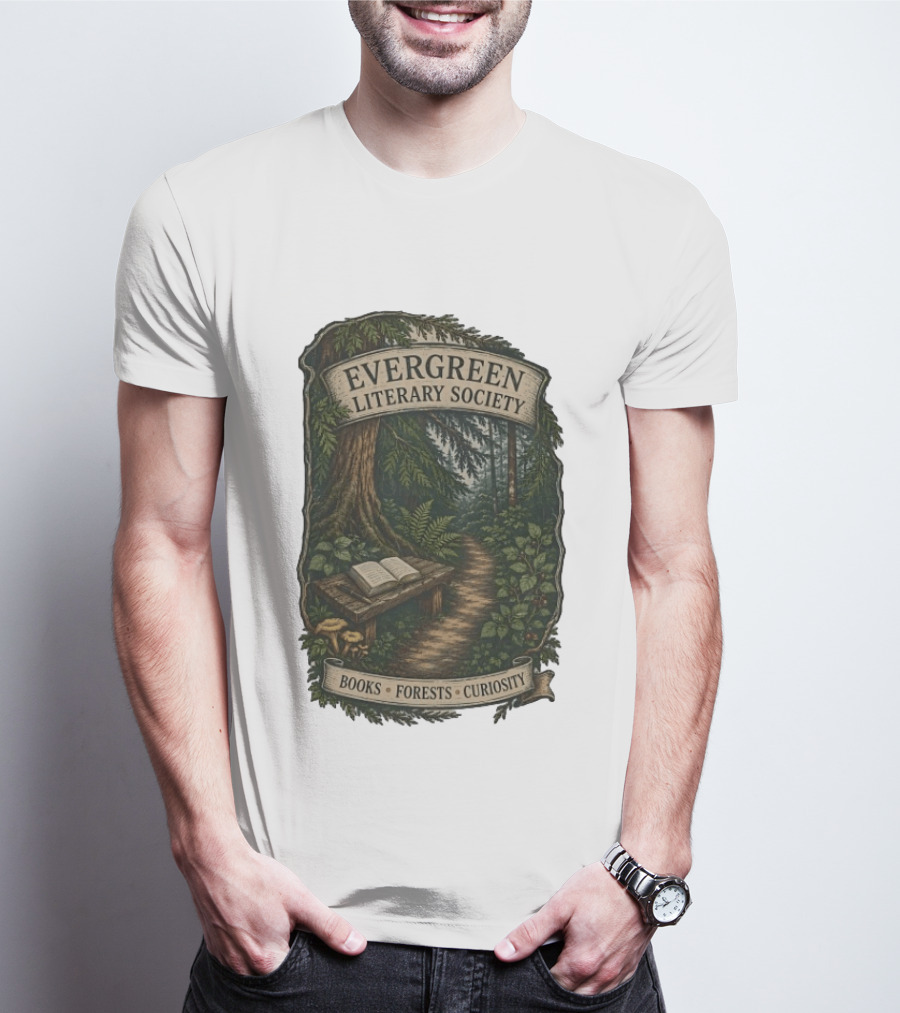 Evergreen Literary Society Books Forests Curiosity Pathway Through Trees T-Shirt