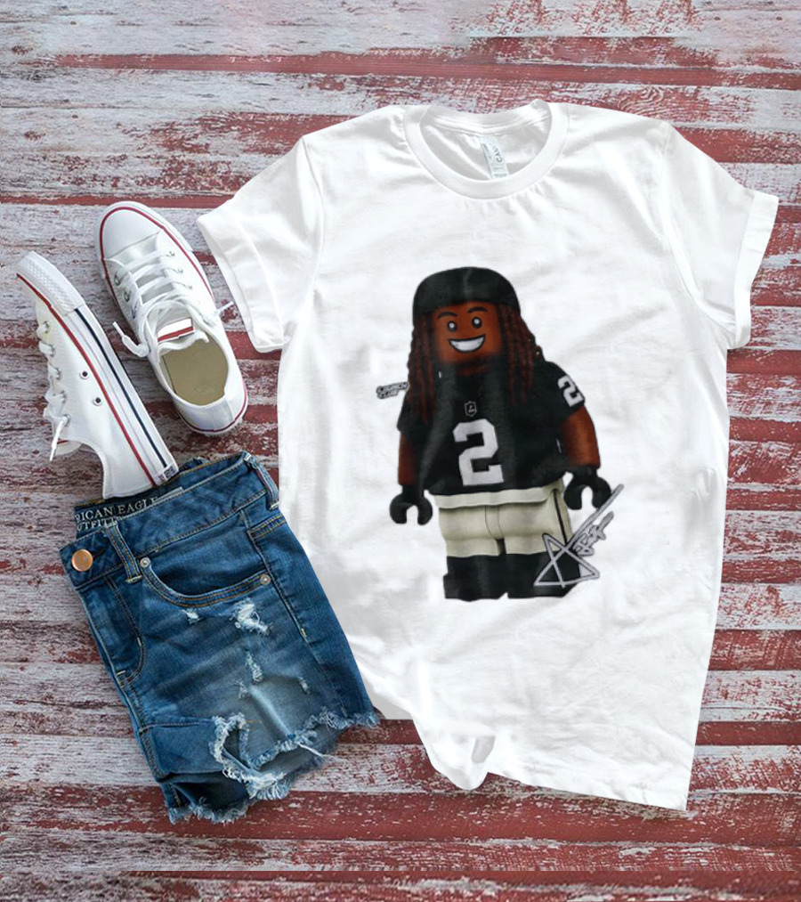 Las Vegas Raiders Running Back Ashton Jeanty 2 Lego Minifigure With Football Helmet T-Shirt