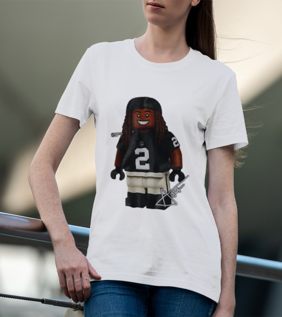 Las Vegas Raiders Running Back Ashton Jeanty 2 Lego Minifigure With Football Helmet T-Shirt