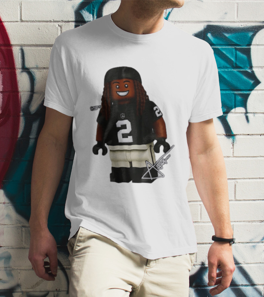 Las Vegas Raiders Running Back Ashton Jeanty 2 Lego Minifigure With Football Helmet T-Shirt