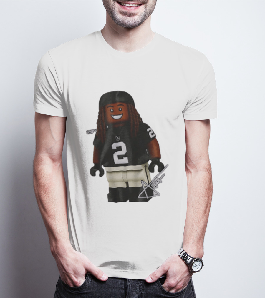 Las Vegas Raiders Running Back Ashton Jeanty 2 Lego Minifigure With Football Helmet T-Shirt