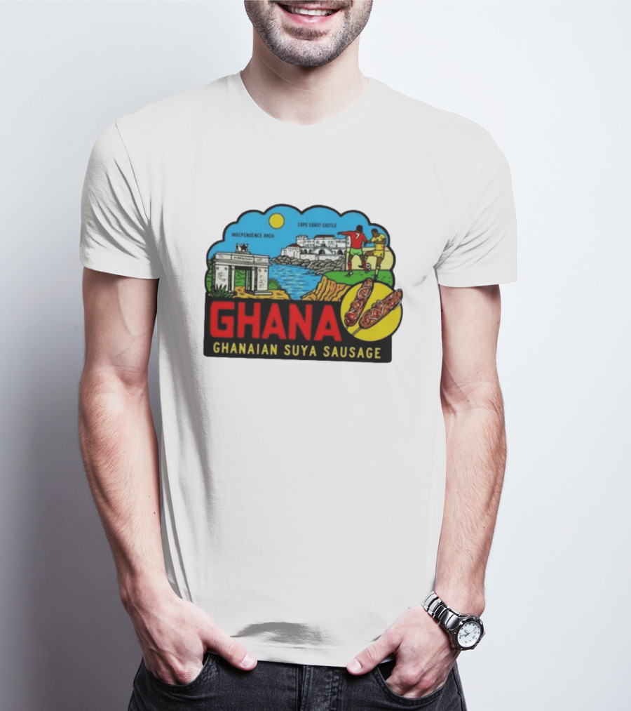 Ghana Cape Coast Castle Independence Arch Ghanaian Suya Sausage Soccer Scene T-Shirt