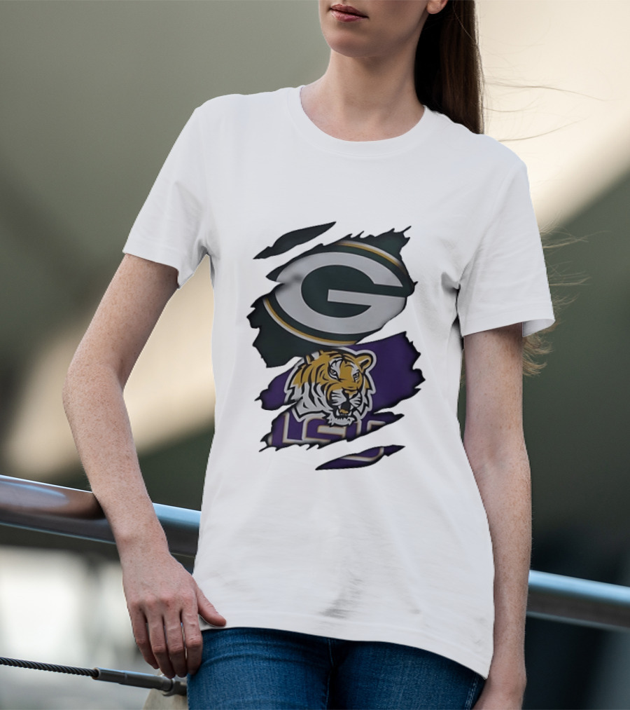 Green Bay Packers G Logo And LSU Tigers Purple And Gold Torn Fabric T-Shirt