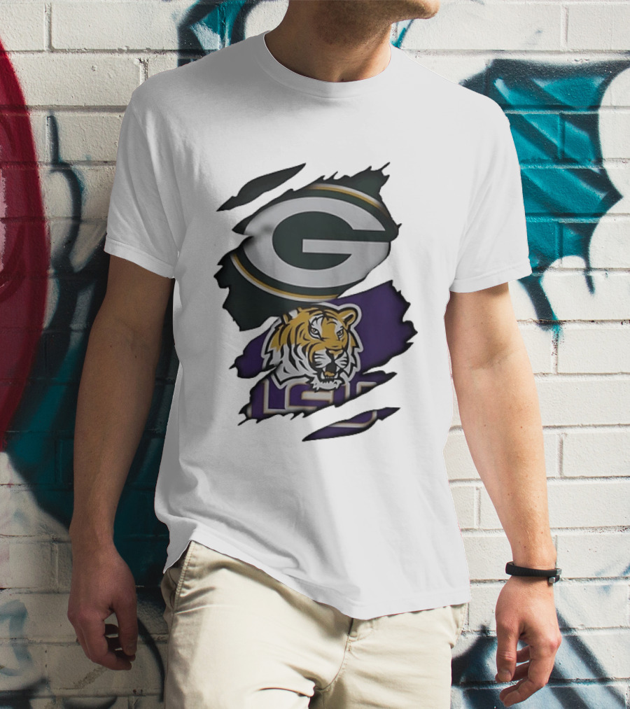 Green Bay Packers G Logo And LSU Tigers Purple And Gold Torn Fabric T-Shirt