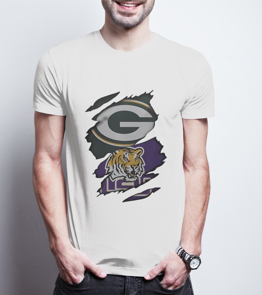 Green Bay Packers G Logo And LSU Tigers Purple And Gold Torn Fabric T-Shirt