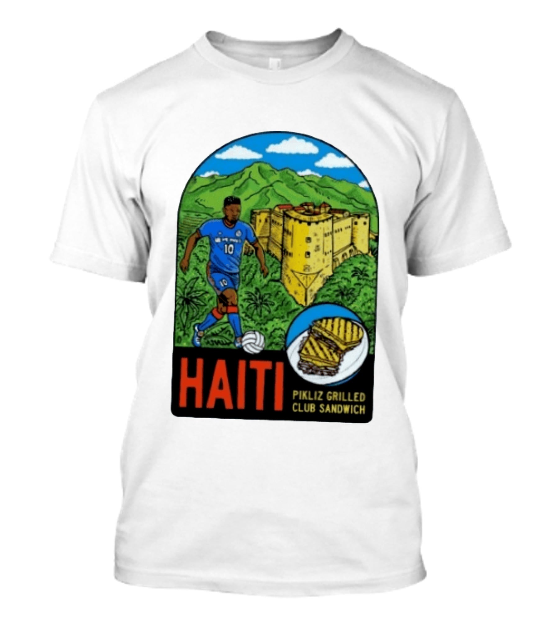 Haiti Soccer Player Pikliz Grilled Club Sandwich Historical Fortress Mountain Scene T-Shirt