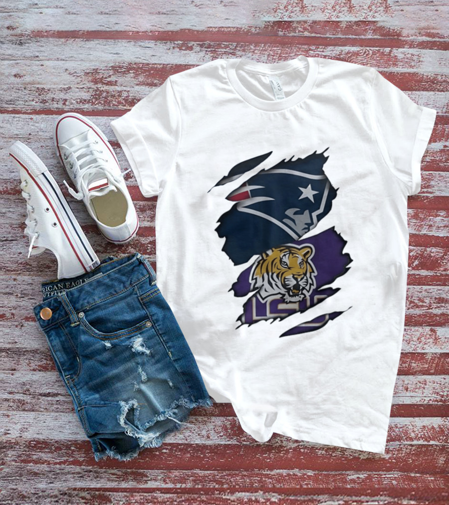 New England Patriots LSU Tigers Torn Fabric Tiger And Patriot Head Logos T-Shirt