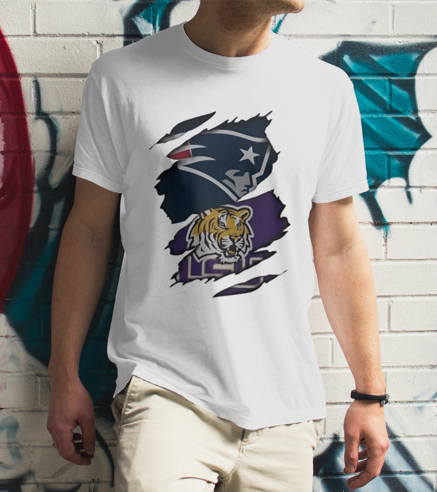 New England Patriots LSU Tigers Torn Fabric Tiger And Patriot Head Logos T-Shirt