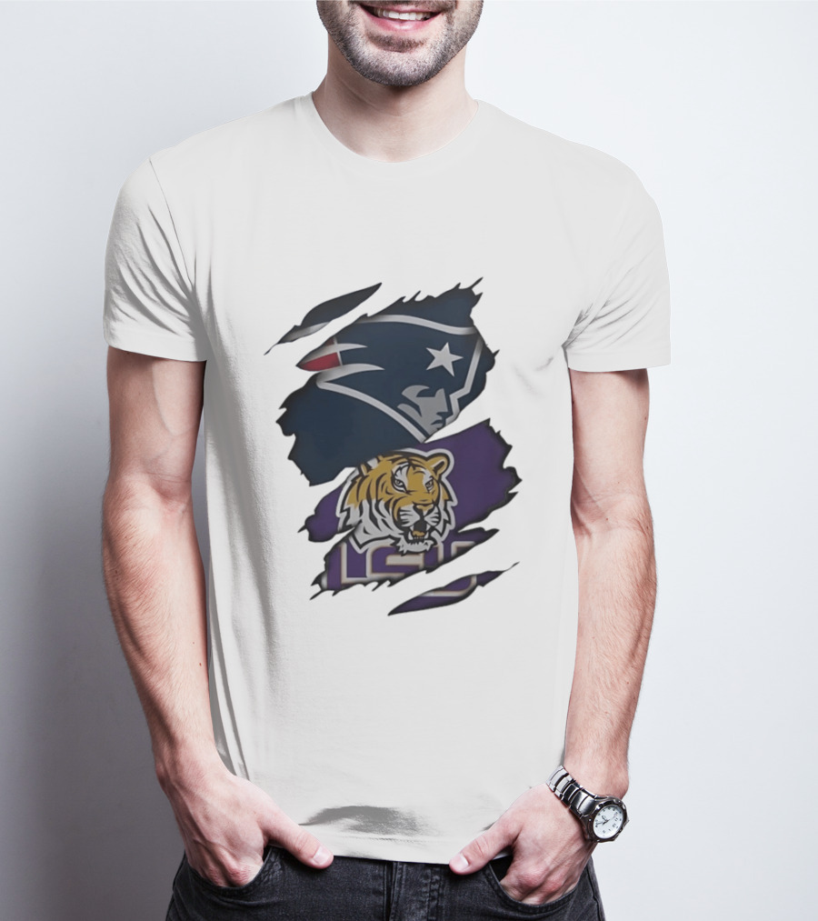 New England Patriots LSU Tigers Torn Fabric Tiger And Patriot Head Logos T-Shirt