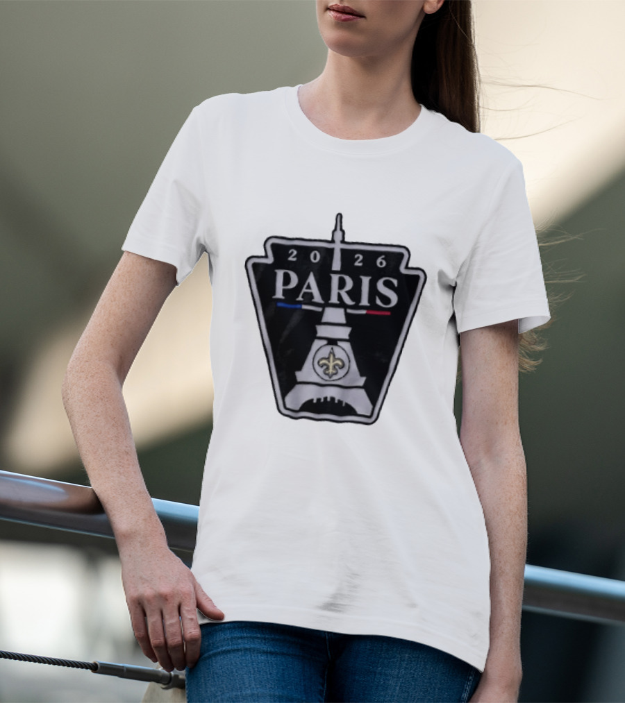 New Orleans Saints 2026 Paris Eiffel Tower Fleur De Lis NFL Event T-Shirt