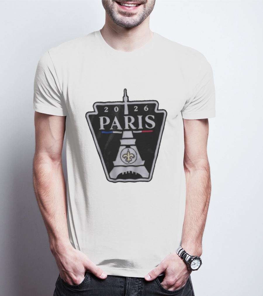 New Orleans Saints 2026 Paris Eiffel Tower Fleur De Lis NFL Event T-Shirt