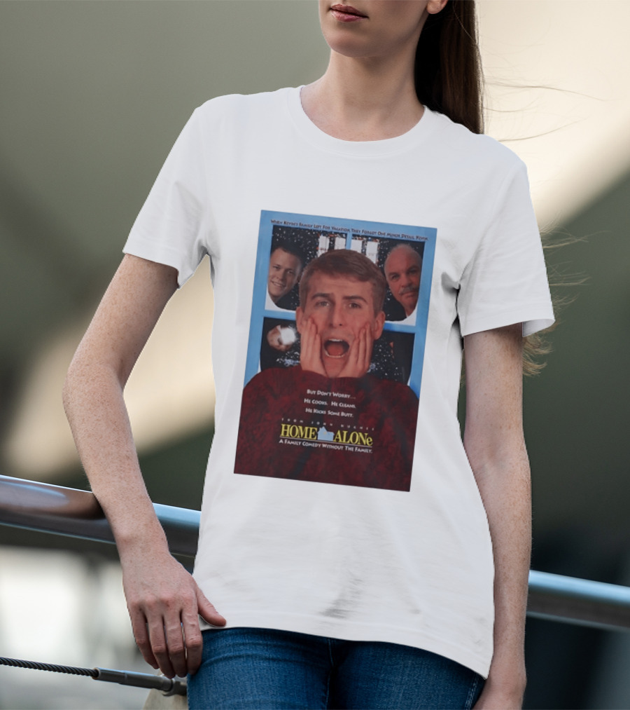 Home Alone But Don't Worry He Cooks He Cleans He Kicks Some Butt John Hughes Movie Kevin McCallister T-Shirt