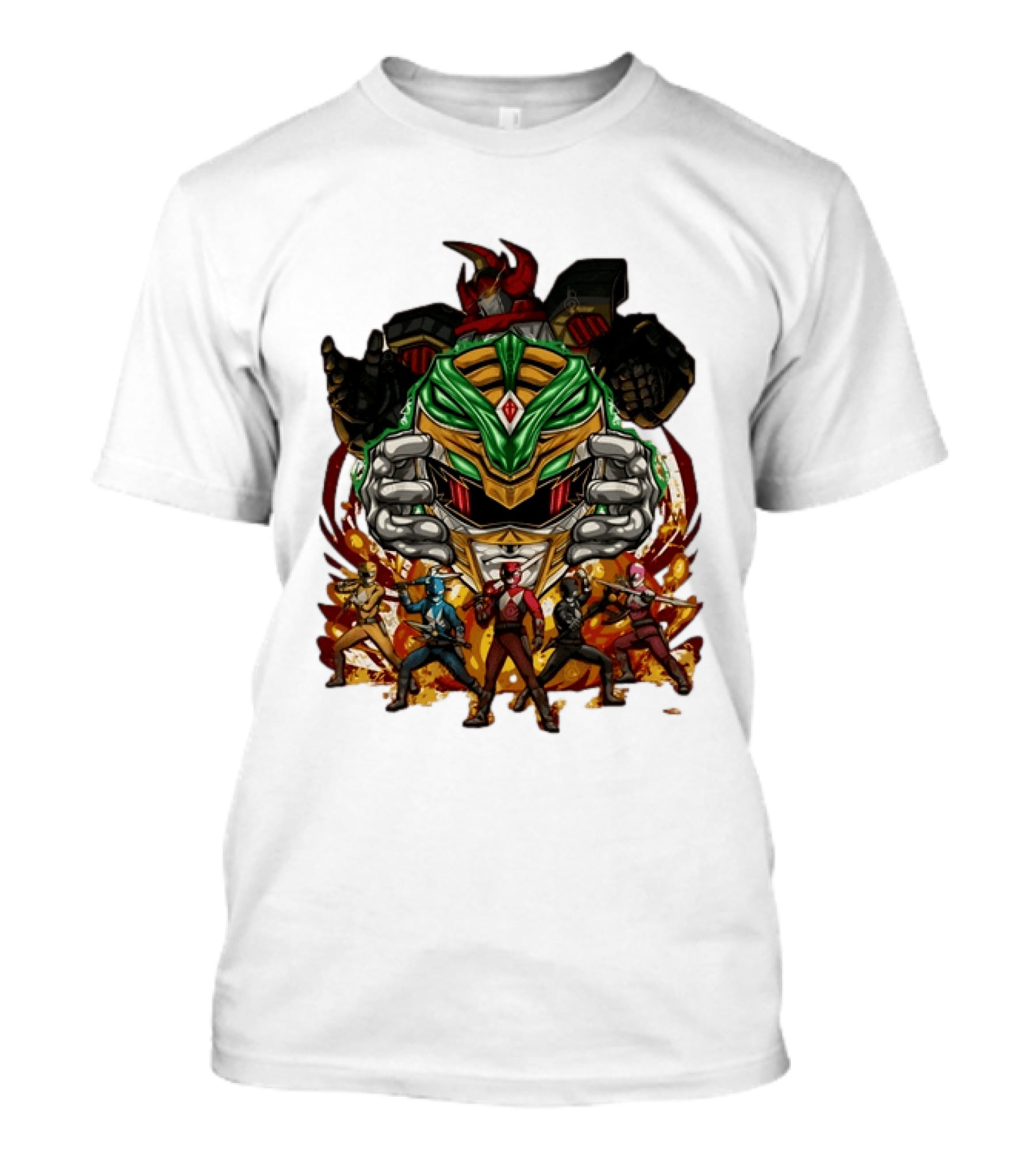 Mighty Morphin Power Rangers Green Ranger Dragonzord Helmet And Team Pose T-Shirt