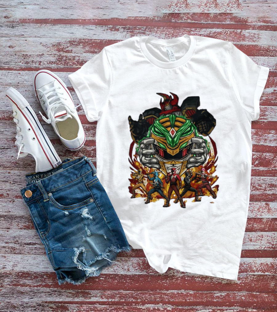 Mighty Morphin Power Rangers Green Ranger Dragonzord Helmet And Team Pose T-Shirt