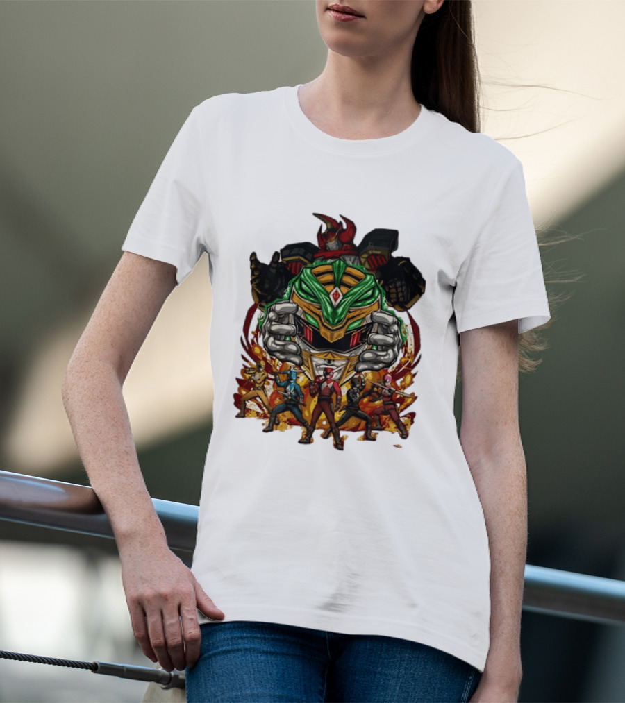 Mighty Morphin Power Rangers Green Ranger Dragonzord Helmet And Team Pose T-Shirt