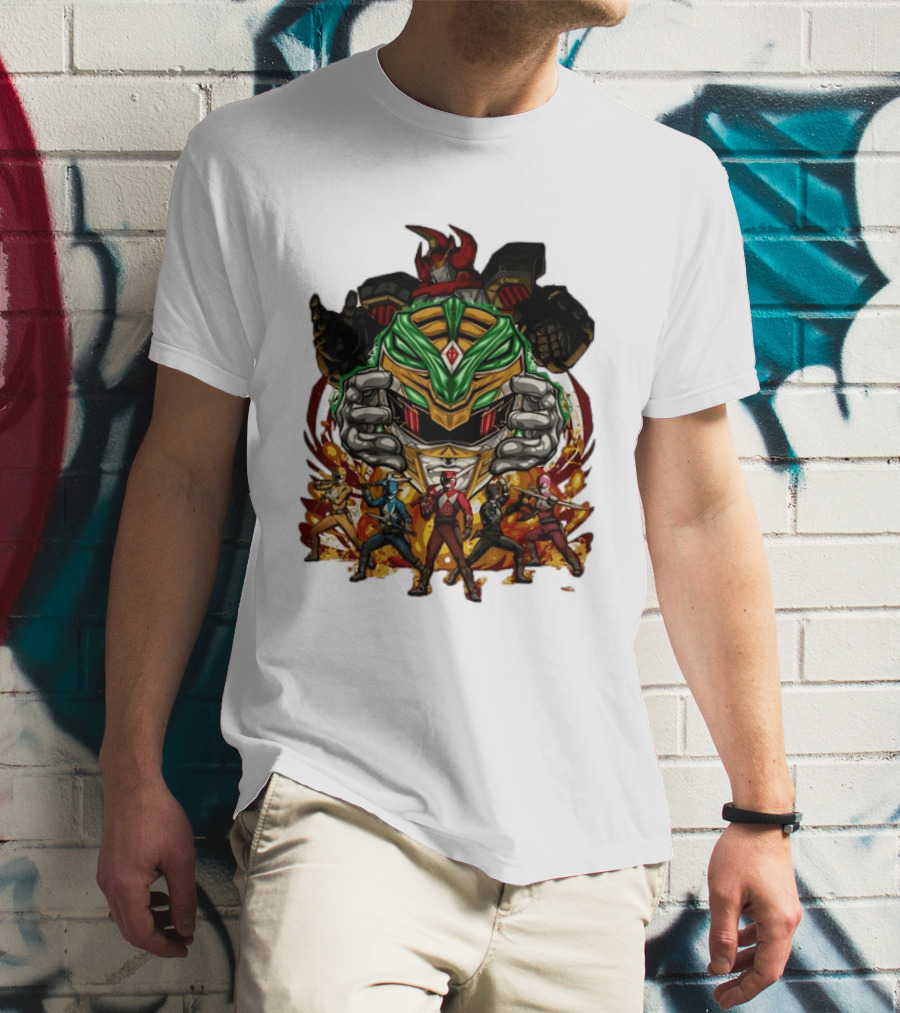 Mighty Morphin Power Rangers Green Ranger Dragonzord Helmet And Team Pose T-Shirt