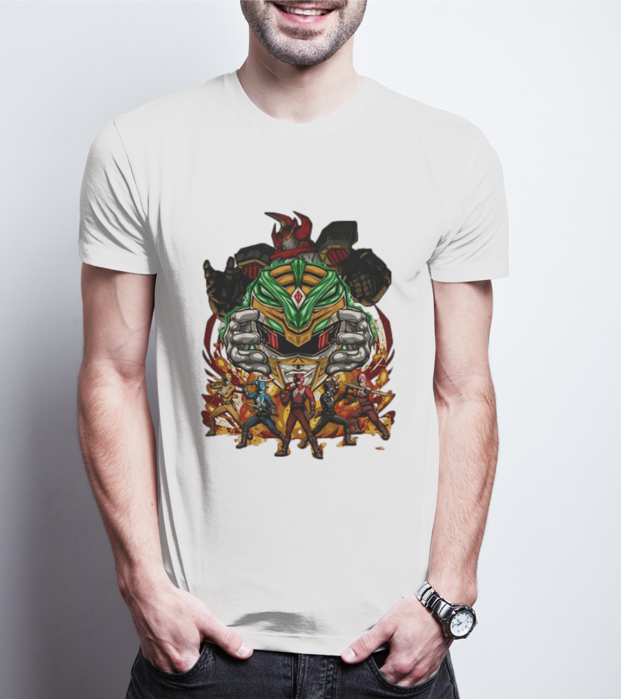 Mighty Morphin Power Rangers Green Ranger Dragonzord Helmet And Team Pose T-Shirt