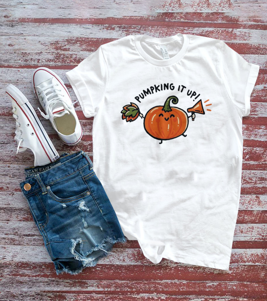 Pumpking It Up Pumpkin Cheerleader Cute Cartoon Holding Megaphone And Pom Pom T-Shirt