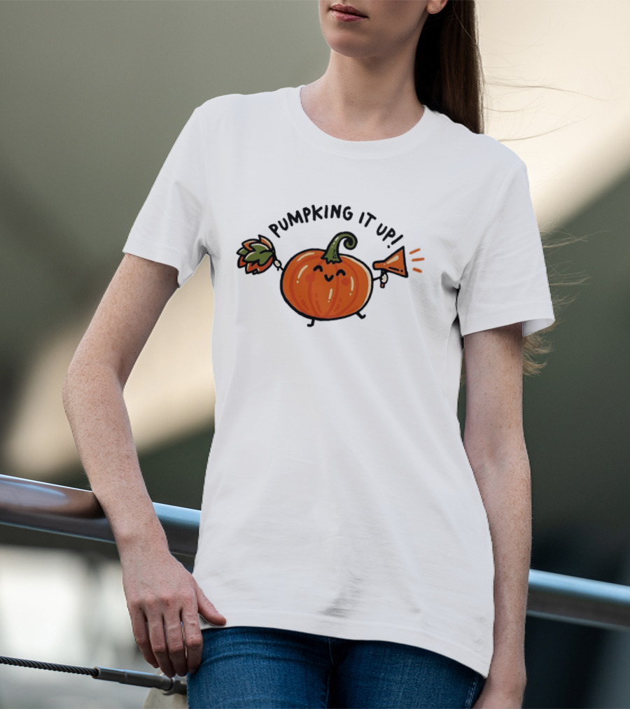 Pumpking It Up Pumpkin Cheerleader Cute Cartoon Holding Megaphone And Pom Pom T-Shirt